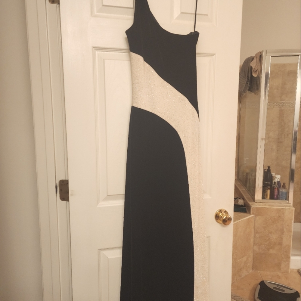 One shoulder black and white evening gown